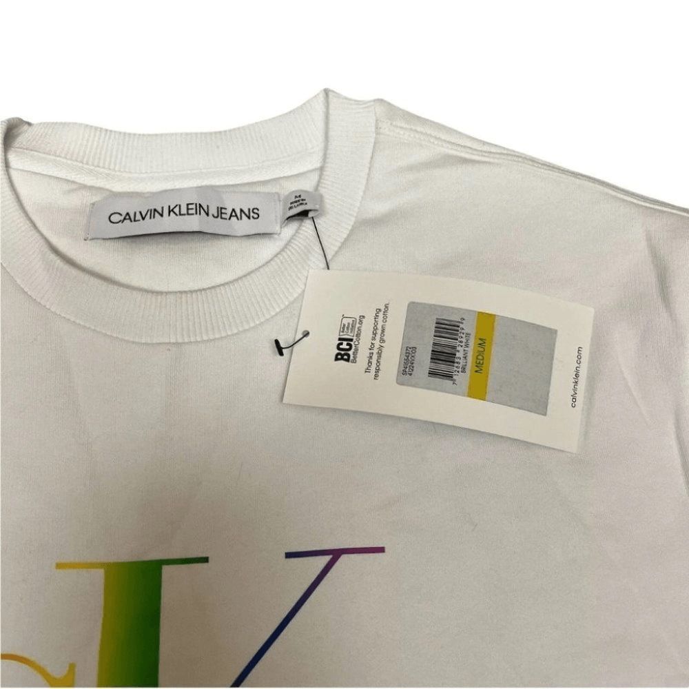 Calvin Klein Sweatshirt Mens M White Rainbow Pullover Spellout Easter Spring - Picture 4 of 9